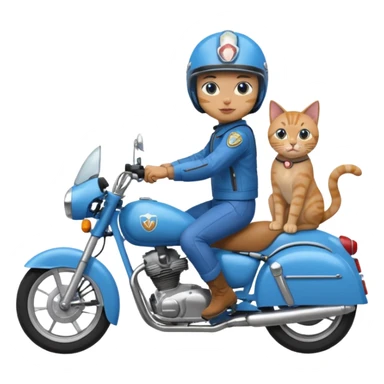 Generate a cat riding a blue motorcycle with a human sticker