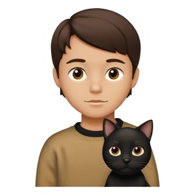 simplified kid with chiseled jawline, brown eyes, flat brown hair, vintage sweater, with black dog and black cat in Apple emoji style sticker