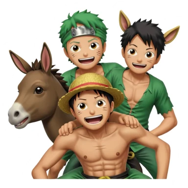 Luffy is riding on Zoro's back, and Zoro looks hilariously like the donkey. Zoro looks angry, and Luffy is laughing. The whole scene is very funny. sticker