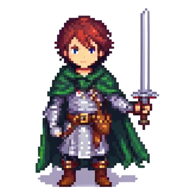 pixel art JRPG character with a sword and cape, fantasy adventurer style sticker