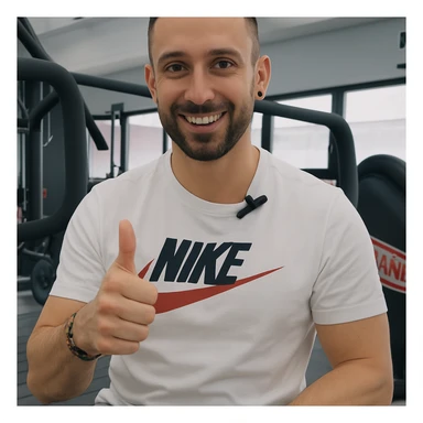 The man in the photo is making the OK gesture with his thumb up, showing a positive expression, in a gym environment, photorealistic style. sticker