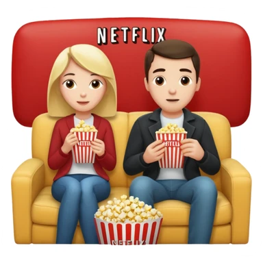 Crea un emoji dove si vedono un uomo e una donna mangiano i pop corn su un divano e guardano la televisione, nella televisione ci deve essere scritto netflix sticker
