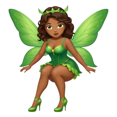 Pretty thick girl with caramel skin. Dark brown hair and brown eyes. She has freckles. Wearing sexy makeup. Wearing a green fairy costume and heels and flying sticker