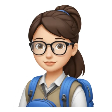 student brunet kid girl, ponytail wearing glasses with backpack sticker