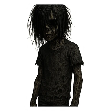 creepy boy zombie, long black hair covering face, black eyes, dark skin, emo vibe, horror style sticker