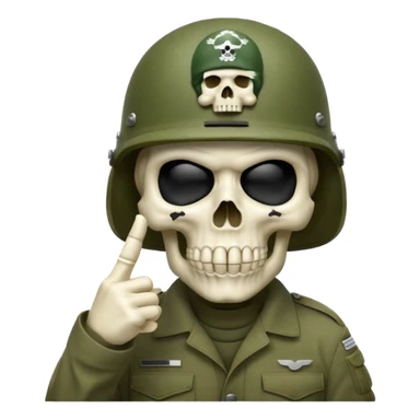 A bold emoji-style (bodyless) white skull wearing a realistic modern army helmet, making a shushing gesture (index finger bone held up to mouth area). Clean vector style,modern emoji aesthetic.The helmet has detailed realistic texture. sticker