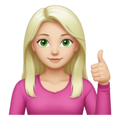 Long platinum blonde hair girl with green eyes in  pink top showing a thumbs up  sticker