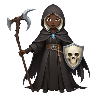Necromancer girl with scythe and shield, in front of a dead mage sticker