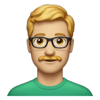 35 year old man with strawberry blond hair, clean shaved chin with moustache, blue eyes and round green glasses sticker