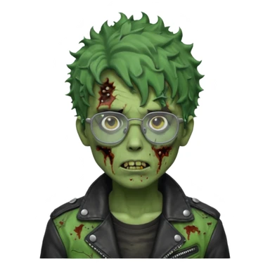 Hombre zombie de piel verde con chaqueta de cuero punk, pelo rizado corto y gafas sticker
