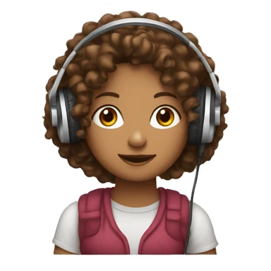 Brown curly haired girl wearing headphones sitting in front of a mic sticker