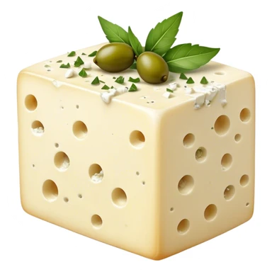 Cinematic Realistic Feta Cheese Dish Emoji, depicted as a block of crumbly, tangy cheese garnished with olive oil and herbs rendered with lifelike detail and soft natural lighting. sticker
