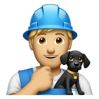 Blonde male construction worker wearing a hat and blue work wear holding a little black dog on his arm sticker