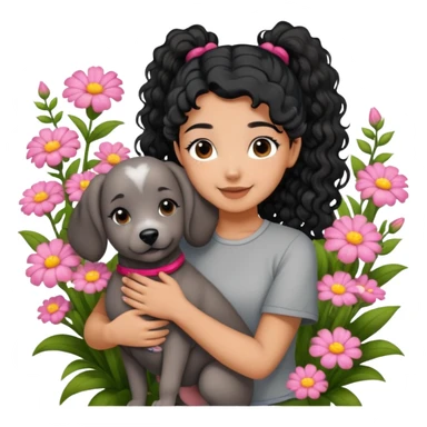 A beautiful girl with black ponytail and wearing short sleeves happily hugs a gray curly dog ​​in the flowers sticker