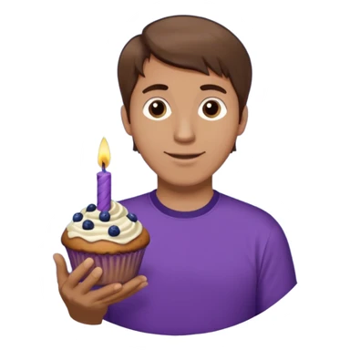Make a white man with brown hair wearing a shirt that says happy b day Virginia holding a blueberry muffin with a birthday candle in it. Have him holding multiple muffins and no candles in hand. Have him wearing a purple shirt  sticker