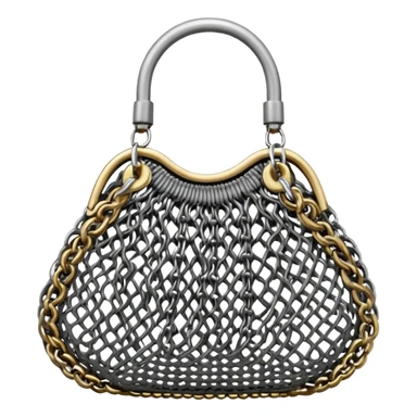3D render of Mesh Purse, made of interlocking chainmail metal rings, wire mesh texture, visible holes and negative space, metallic silver and grey, high contrast shadows, Apple emoji style, isolated on white background --v 6.0. sticker
