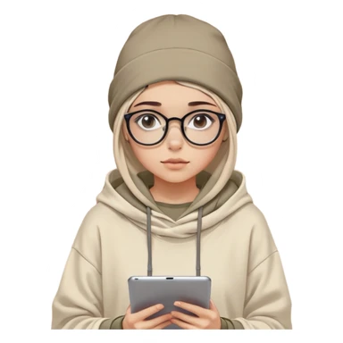 девушка с лёгким креативным вайбом: носит оверсайз-худи с закатанными рукавами, на голове шапка-бини или бандана, глаза внимательные и слегка ироничные, в тонкой оправе очки. На лице — лёгкая полуулыбка, как у человека, который всегда на шаг впереди. В руках — планшет, ноутбук или чашка кофе, вокруг — визуальные элементы вдохновения: искры, пиксели, мини-экраны с фразами вроде «Prompt ready». Цветовая палитра мягкая, но с акцентами в фирменных цветах: #0D5252, #E6A159, #002C46, #387AA3. В образе чувствуется и профессионализм, и лёгкость, и немного магии креатива. sticker