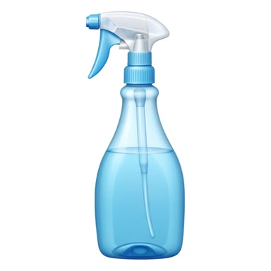 transparent plastic spray bottle filled with light blue liquid, clean trigger top, ergonomic shape, soft curves, slight shine, clarity and freshness, no label, no cloth, no window, closed spray bottle, soft lighting, subtle shadows, emoji scale sticker
