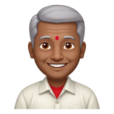 50 yr old indian man, dark skin, grey hair, big smile, white teeth, chubby, no moustache, clean shaven, young style hair, hair brushed back, 5 oclock shadow, bindy, dress shirt, forehead dot, chubby, religious, red dot sticker