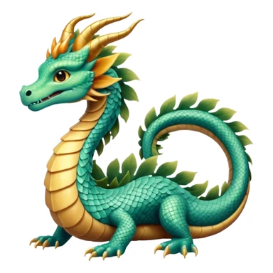  serpent dragon. Slim, serpentine body with smooth scales in soft blues and greens. Fluffy leaf plumes replace the tail fins, and a terracotta crown-like crest adorns its head. Gentle amber eyes. sticker