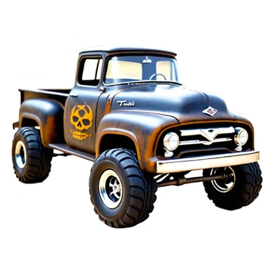 1:10 off-road lcg smoking rusting Arrma Traxxas Basher style Wednesday Adam’s 1954 blackened tarnished hotrod rat rod streamlined anime Ford zombie extended cab rc bulging pickup (extra wide low-profile pin tires chrome wheels with fenders) sticker