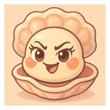 Enhance the oyster's eyes to be even more expressive and luminous with elegant eyelashes. Accentuate the pastel, pearly, cream, peach, and greige nuances more vividly. Keep the shell large and the oyster small. Maintain the pastel toon style, the background, and the mischievous expression as is. sticker