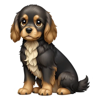 cinematic-[cocker spaniel dog]-realistic-full-body-sitting-emoji,-tail-resting-loosely-beside-its-paws,-head-tilted-dramatically,-scruffy-[black]-fur,-simplified-yet-realistic-focused-features,-highly-detailed,-glowing-with-an-almost-sarcastic-glow sticker