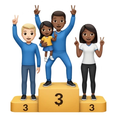 three casually dressed people on a winners podium with the center step higher, black and white, no numbers, center person holding up one finger on each hand, cheerful expressive emoji style sticker
