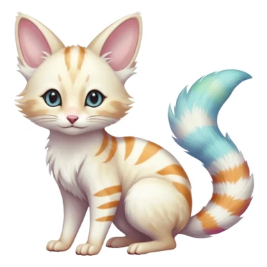  cute adorable white albino fur with random colorful iridescent markings beautiful elegant pretty precious cute  Fakémon-Pokémon-alien-opossum-feline-serval-caracal-chinchilla-Minccino-hybrid-creature with a big fluffy bushy striped tail (full body) sticker