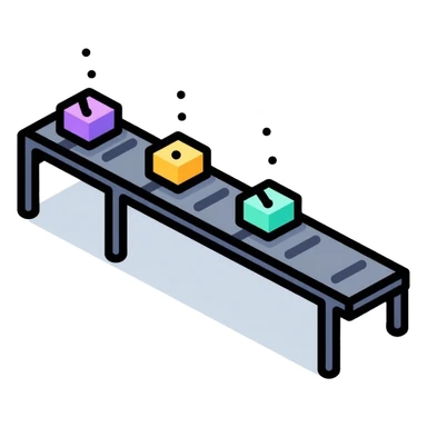 Simple assembly line with small blocks moving on a conveyor belt, symbolizing a repeatable system or process sticker