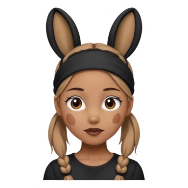 "A tan-skinned person with a high brown ponytail wearing a headband with black bunny ears. The character is dressed in a stylish black outfit. The emoji style should be cute, expressive, and modern — simple but detailed enough to show the ponytail, bunny ears, and outfit clearly." sticker