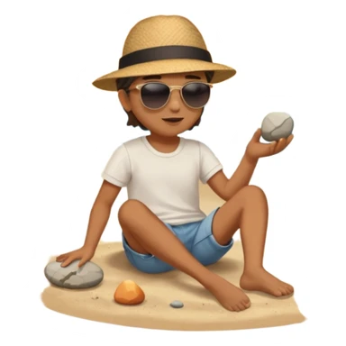 Someone sitting on the ground in the Beach close to the water and throws stone at the water and it's a sunset sticker