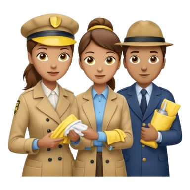A cleaning Lady with Brown hair, high ponytail and yellow cleaning gloths is Talking to a Detektive (a man) with beige hat, a beige coat and he is interviewing the cleaning Lady sticker