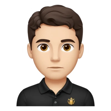 He’s a man with light to medium skin, a defined oval face, full brows, deep-set eyes, and wavy short dark brown tall hair styled with height, sides are trimmed. muscular. expression calm and focused relaxed black polo shirt. polished, articulate, and coach vibe. personal development.  sticker