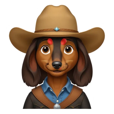mostly black with some brown long hair daschund with a cowboy hat sticker