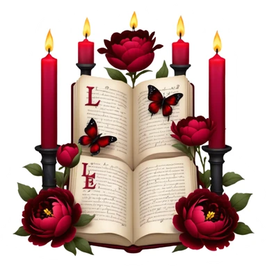 A dark, romantic composition featuring deep red peonies and pansies intertwined with blackened love letters, surrounded by glowing crimson candles. Butterflies in various shades of red flutter around Gothic crosses, creating an eerie yet passionate atmosphere. sticker