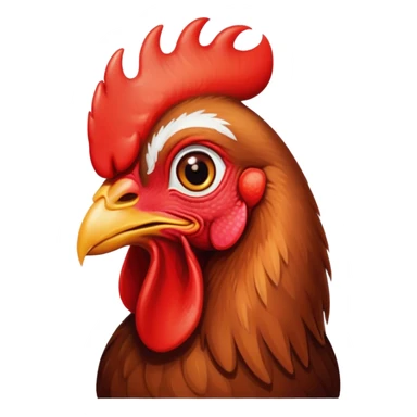Cinematic Cute Brown Rooster Portrait Emoji, Head tilted playfully and inquisitively, featuring a glossy, immaculate brown plumage with a vibrant red comb, round, sparkling warm eyes filled with curiosity, Simplified yet irresistibly adorable features, highly detailed, glowing with a warm, friendly glow, high shine, affectionate and spirited, stylized with a touch of farmyard whimsy, bright and endearing, soft glowing outline, capturing the essence of a mischievous yet loving rooster, so playful it feels like it could strut out of the screen and into your arms! sticker