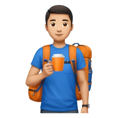 an asian man in blue t-shirt with orange cup of coffee and backpack on the back. Eiffel tower on the background sticker