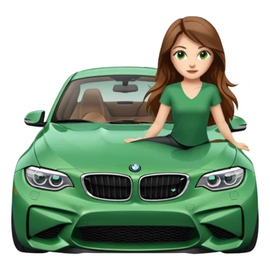 Beautiful Caucasian girl realistic with green eyes and long brown hair straddling splits on the hood of BMW M2 car sticker