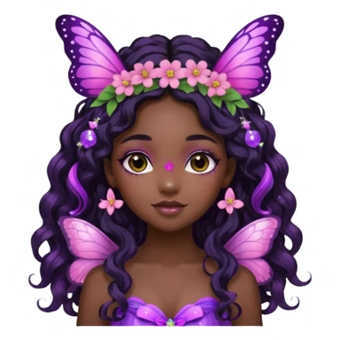 Black girl fairy with long wavy black hair, pink and purple red butterfly wings sparkly sticker