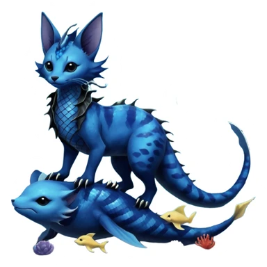 Epic complex abyssal fantasy swampy glorious detailed dark dusky gloomy deep gothic gloomy cobalt-blue-abyss-blue-black-greyish, realistic Fakémon-Sprigatito-Floragato-Meowscarada-Vaporeon-Salandit-Trico-Sergal-Serval-Vernid-creature (full body) with mermaid-ears, tail fin, shiny sparkly, iridescent sticker