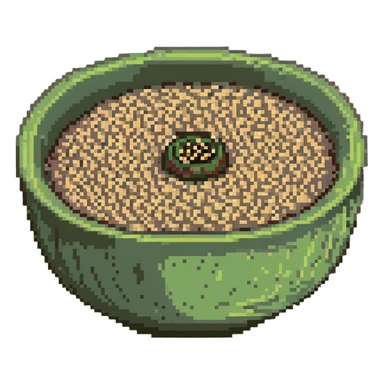 Small ceramic bowl filled with tiny sesame seeds, green bowl sticker