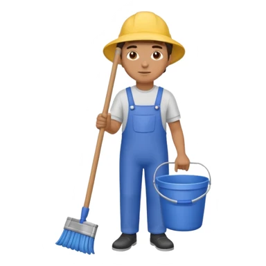 man in cleaning clothes, holding a broom and a bucket sticker