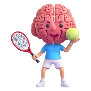 a brain holding a tennis racket, ready to serve, playful 3D emoji style sticker