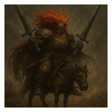 Starscourge Radahn, massive armored warrior with red hair, dual-wielding greatswords, riding a tiny horse, fantasy video game boss, dramatic pose, detailed armor, epic atmosphere sticker