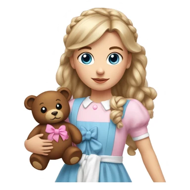 Little white girl with blue eyes and bronze hair in two ponytails with two bows. A pink pacificer in her mouth. She is wearing a pink and White dress and holding a teddybear. sticker
