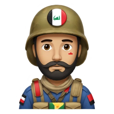 A very tired and sad, swarthy Iraqi soldier with a beard, an Iraqi flag on his helmet, a sad expression and bags under his eyes sticker