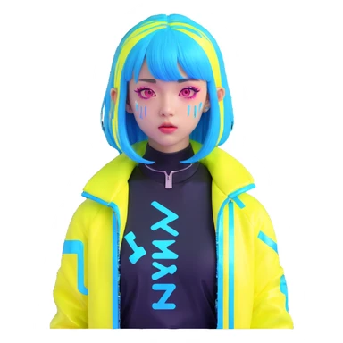 Cyberpunk Japanese girl with neon blue wig, holographic jacket, digital glitches effect, dark background with purple neon glow sticker