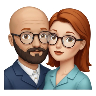Couple. Bald man with dark brown-black beard. White woman with many small, faded freckles, she has white skin and she has auburn-brown-cinnamon, dark long hair. She has light brown eyes. The man have hazel eyes and glass. She have light eyes. Retro style. She kisses him. sticker