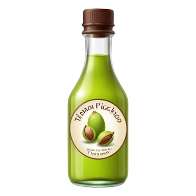 small glass bottle translucent green liquid pistachio essence, narrow neck, simple label, dark cap, vivid and slightly viscous liquid, soft lighting, emoji scale sticker